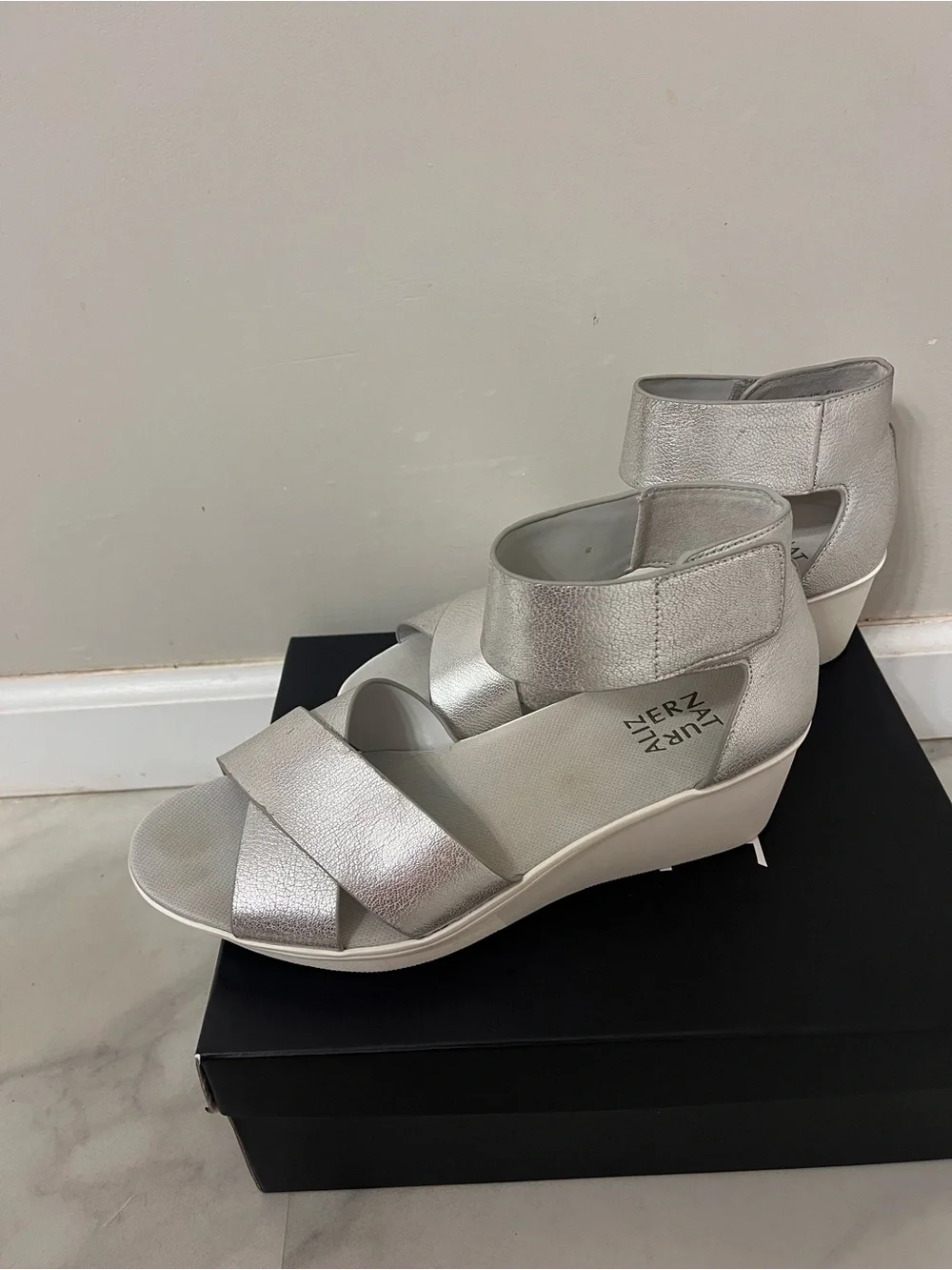 Riviera Silver Metallic Wedge Sandals with Ankle Strap - 10W